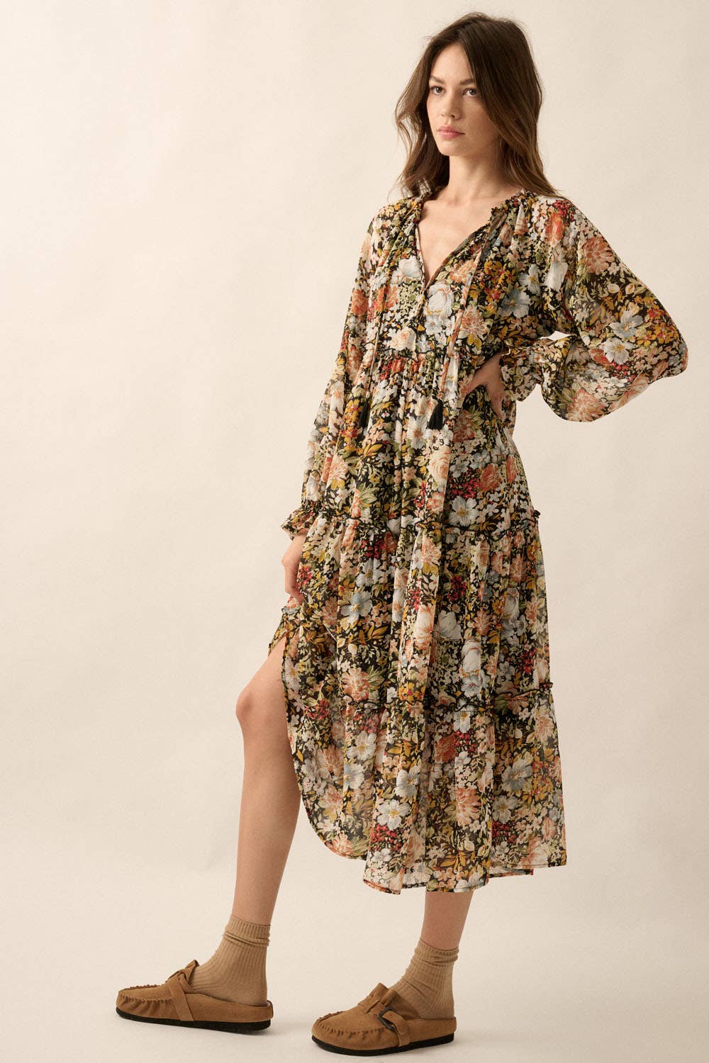 Floral V-Neck Chiffon Midi Dress – Jupiter Row