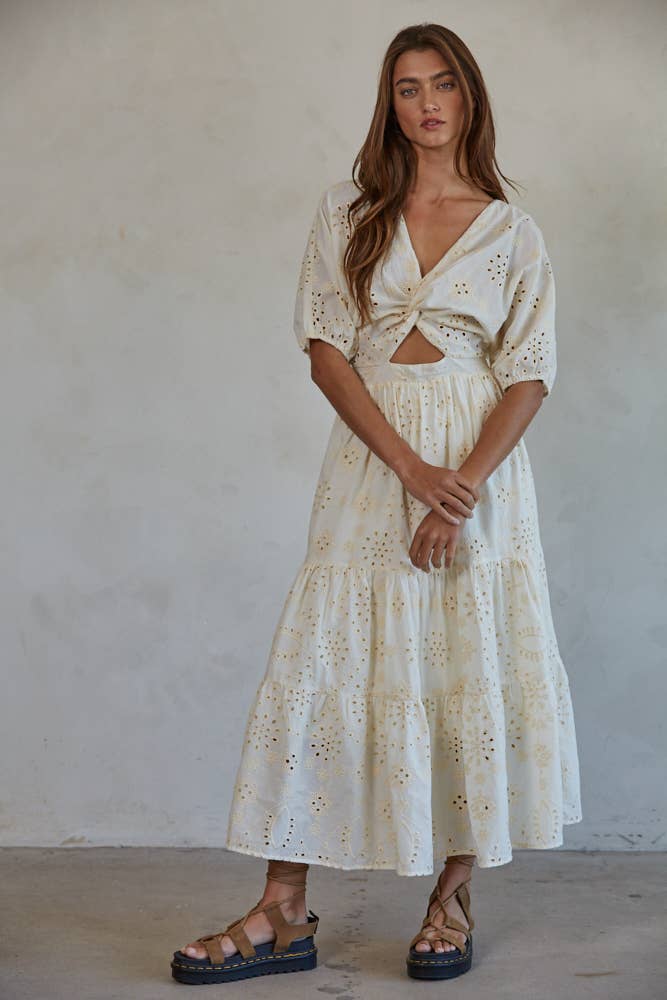front twist midi dress Cotton Embroidered Front Twist Midi Dress