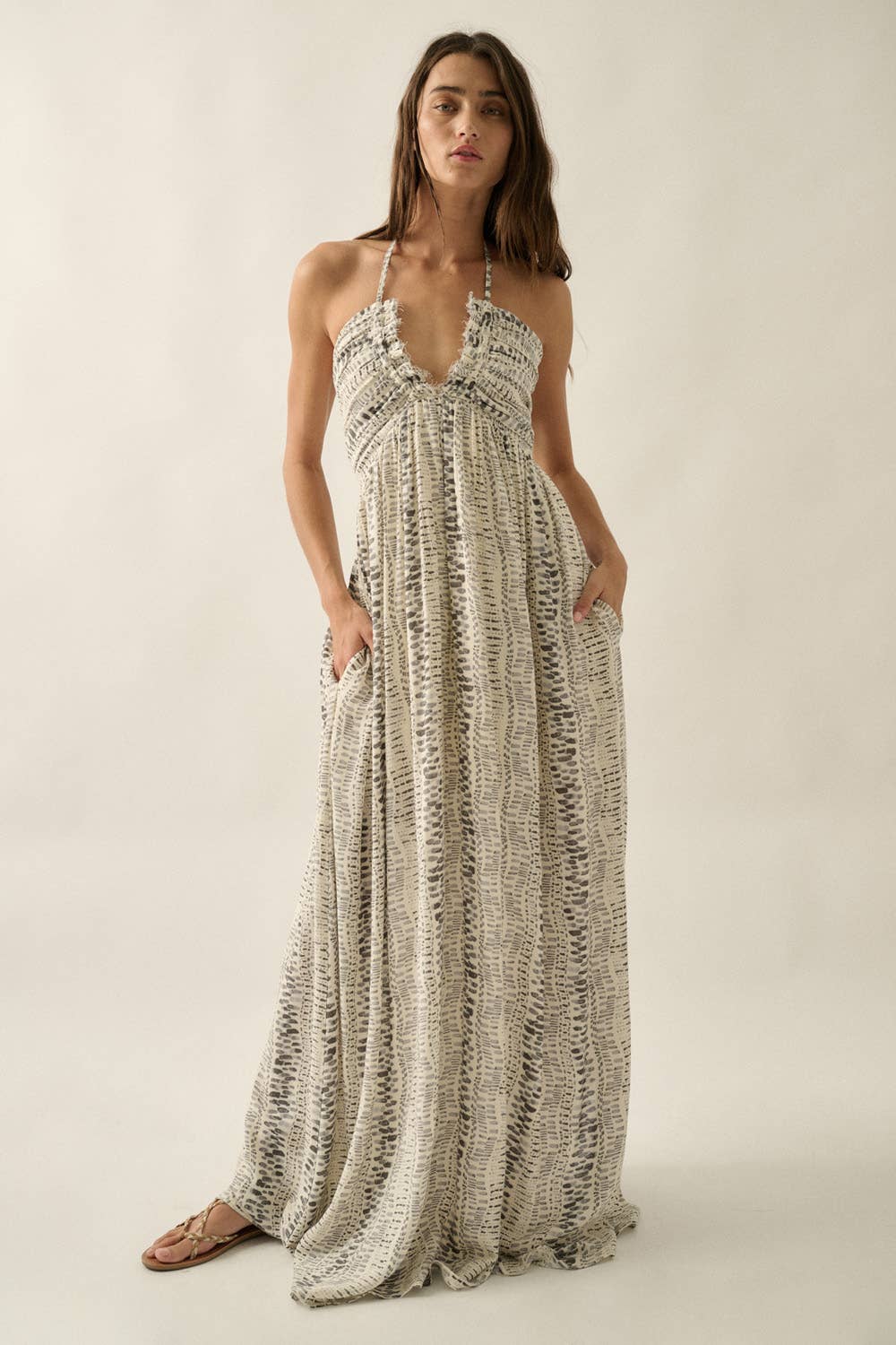 Abstract-Print Crepe High-Waist Tie-Back Halter Maxi Dress Abstract-Print Crepe High-Waist Tie-Back Halter Maxi Dress